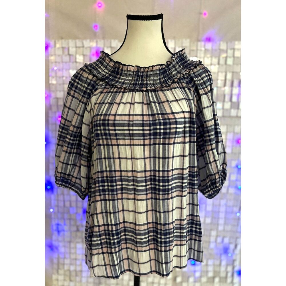 NWT Tribal Jeans Plaid Smocked-Neck Blouse in Seaport. Size M